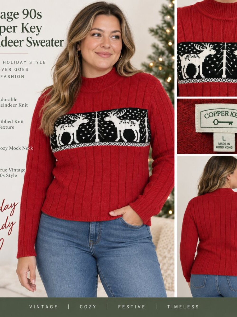 Vintage 90s Copper Key Red Reindeer Cotton Fair Isle Christmas Sweater